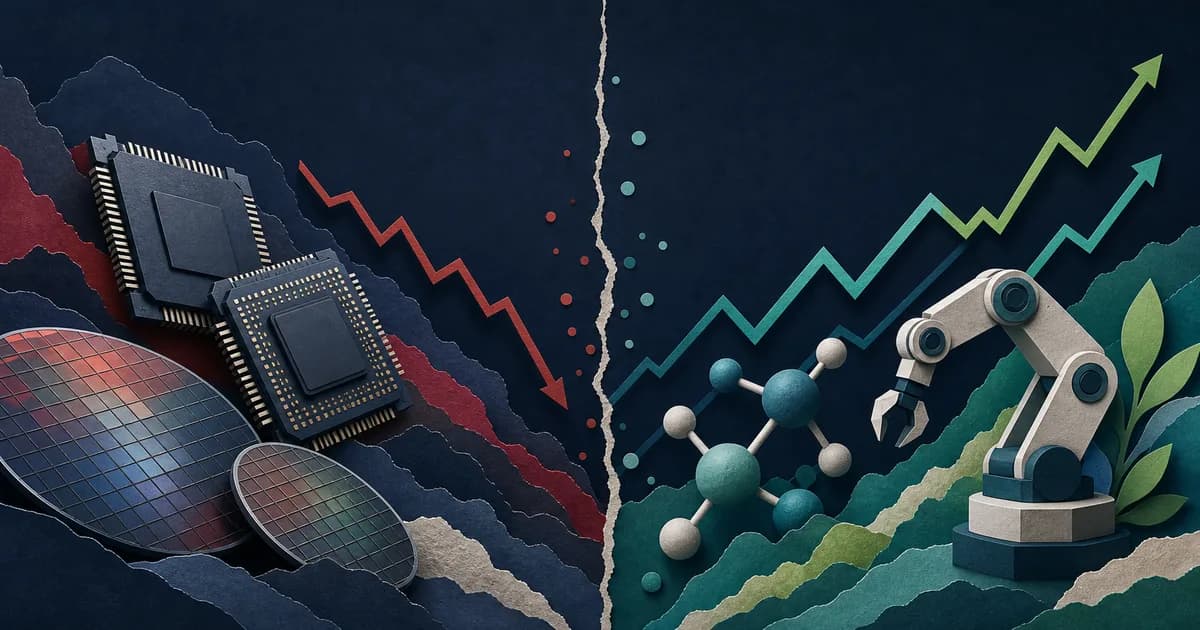 Illustration contrasting falling semiconductor chips and a wafer with rising biotech molecules and a robotic arm