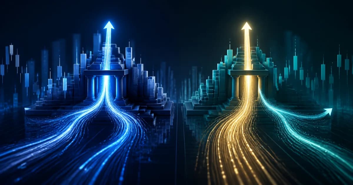 Abstract image of two markets rising side by side on different investor flows