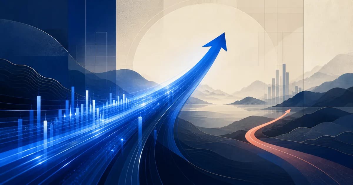 Abstract financial illustration of a large blue upward arrow and a smaller orange upward arrow diverging along separate paths