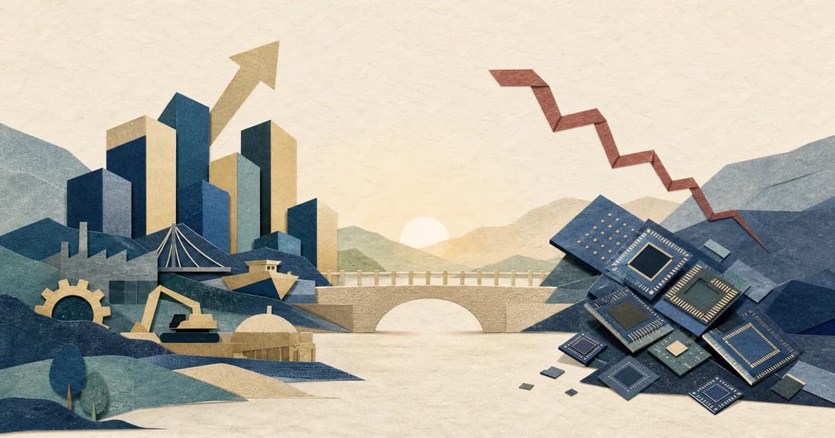오르는 산업 도시와 내려가는 반도체 칩 더미를 다리로 연결한 종이 콜라주