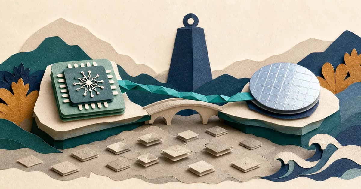 AI 반도체와 웨이퍼가 한국 시장으로 이어지는 흐름을 표현한 종이 질감 일러스트