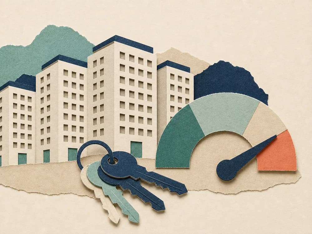 주인을 기다리는 새 아파트 열쇠와 시장 온도계 종이 콜라주